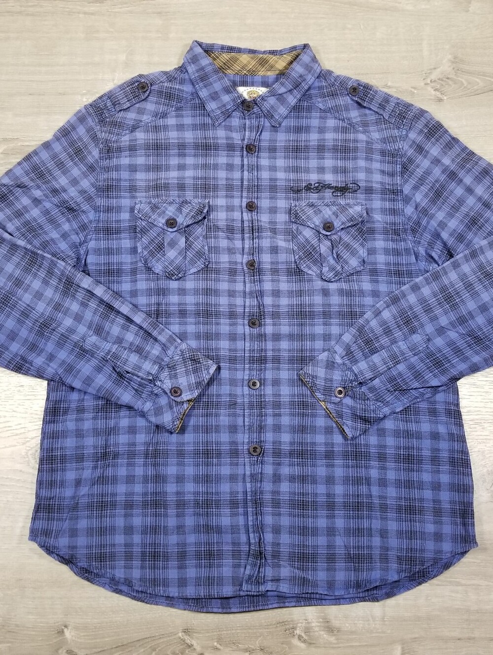 Vintage Y2K Ed Hardy Plaid Flannel Shirt Mens Size XXL Blue Black Embroidered